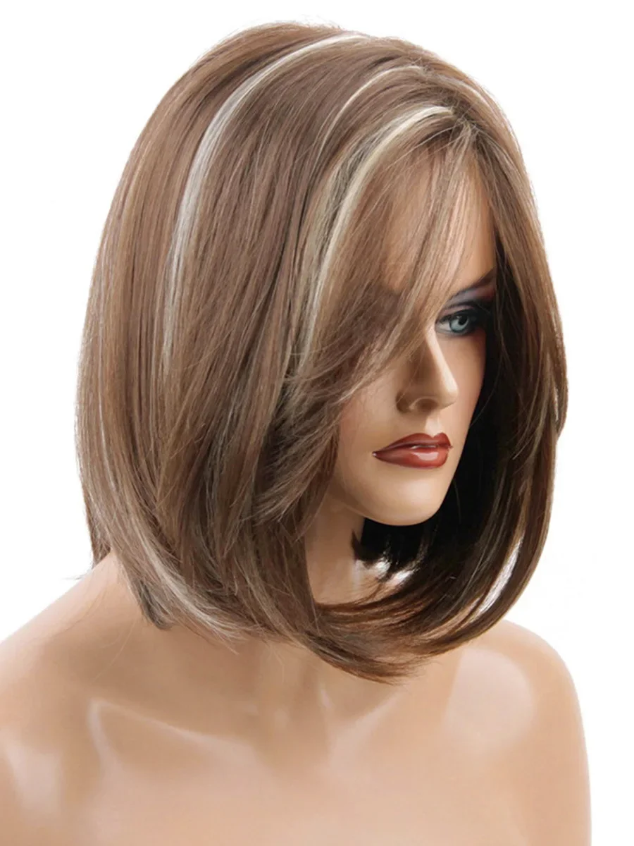 Full Wig Charming Daily Wigs Short Bob Straight Hair Fancy Dress Party Wig for Women Natural Brown Highlight Wig with Side Bangs