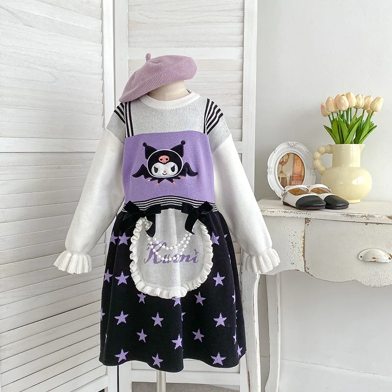 

Kids Dresses for Girls Cute Cartoon Kulomi Bow Pearl Laciness Knitted Dress Kawaii Fake Two-piece Set Sweater Dress Hallowmas