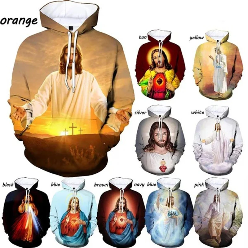 Men's Women's Casual Long Sleeve Hoodie Cross Jesus 3D Printing Jesus Hooded Sweatshirt Pullover Tops Streetwear Hoodies Clothes