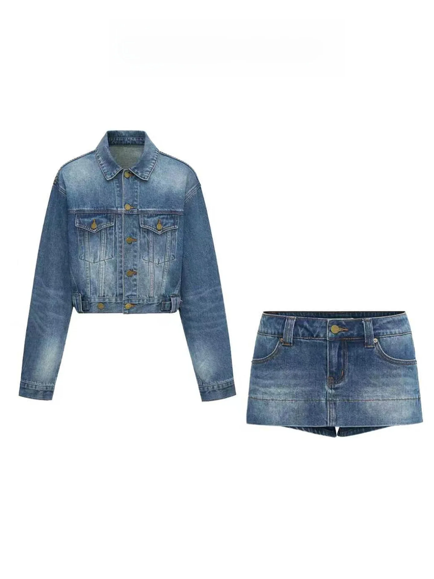 Retro Hong Kong Style Spicy Girl Set Women's Early Autumn Worn-look Washed Short Denim Jacket Bodycon  Skirt Two-piece Set