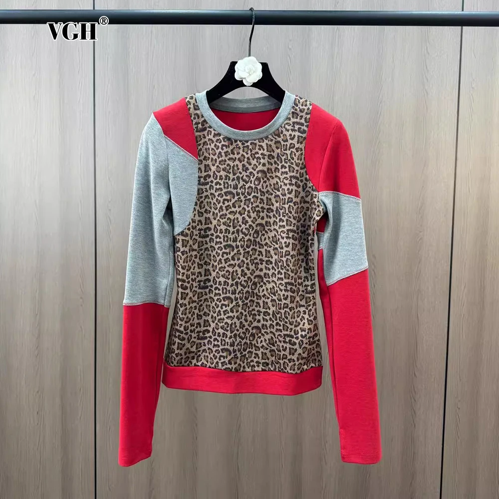 VGH Hit Color Patchwork Leopard Print Women's Pullovers Hoodies O Neck Long Sleeve Slim Casual Fashion Sweatshirt Female Clothes