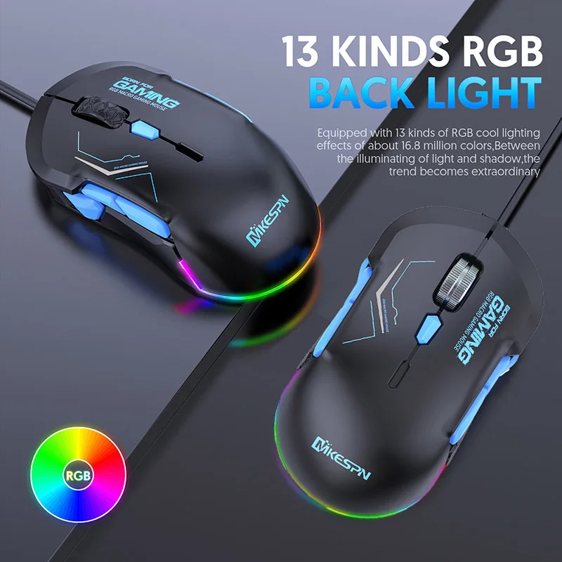 Mouse da gioco cablato ergonomico retroilluminato RGB 12800 DPI 10 pulsanti programmabili Mouse da gioco ambidestro cablato per Deaktop/laptop