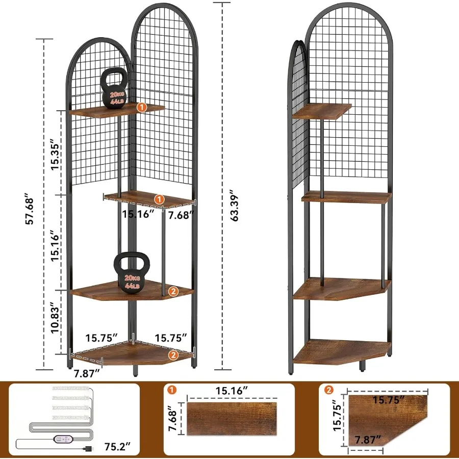 حامل نبات زاوية كبير مقاس 63 بوصة مع 4 مصابيح مدمجة وألواح شبكية سلكية للنباتات الداخلية 3 ألوان بإضاءة كاملة الطيف