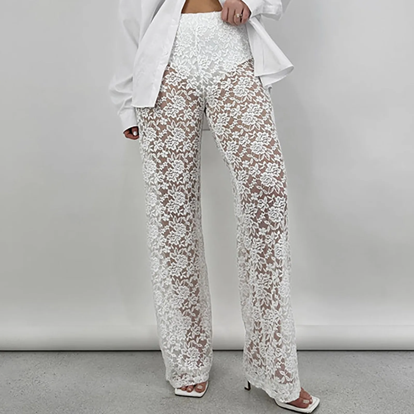 

Sexy All-match Lace See-through Pants High Waist Pant Women Splicing Long Casual Y2K Straight Trouser Sexy Streetwear Pants