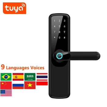 TUYA 스마트 지문 문짝 잠금 앱 리모컨, 9 개 언어 음성 키리스 와이파이 디지털 터치스크린 잠금, NFC IP67 방수