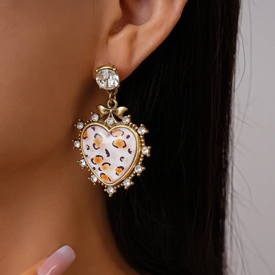 Spring summer new leopard print love earring white jelly glazed retro gorgeous stud eardrop