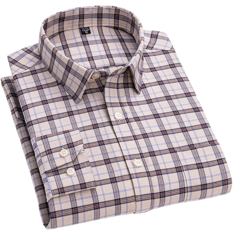 Quality 100% Pure Cotton Men Long Sleeve Social Shirt for Oxford Shirt Men Plaid Striped Work Casual Pocket Shirts S- 7XL 8XL