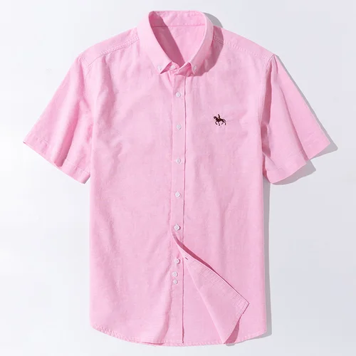 Imagen 2 del producto Camisa Oxford 100% de algodón puro para hombre, camisas de vestir formales de negocios sociales con bordado de caballo de ocio a rayas lisas de manga corta