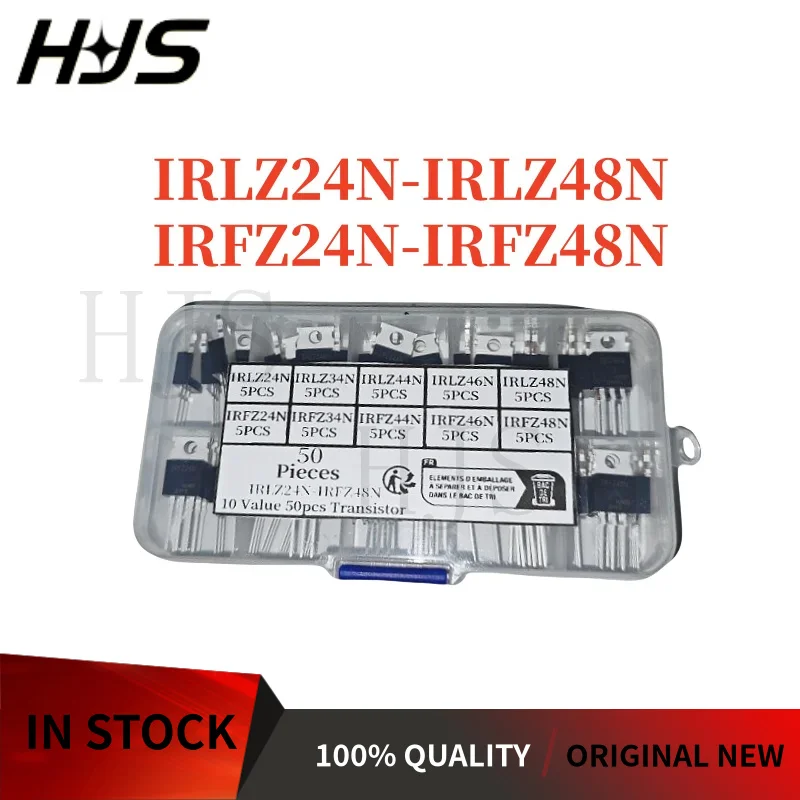 50PCS 10 values, 5 each IRLZ24N IRLZ34N IRLZ44N IRLZ46N IRLZ48N IRFZ24N IRFZ34N IRFZ44N IRFZ46N IRFZ48N Transistor accessory box