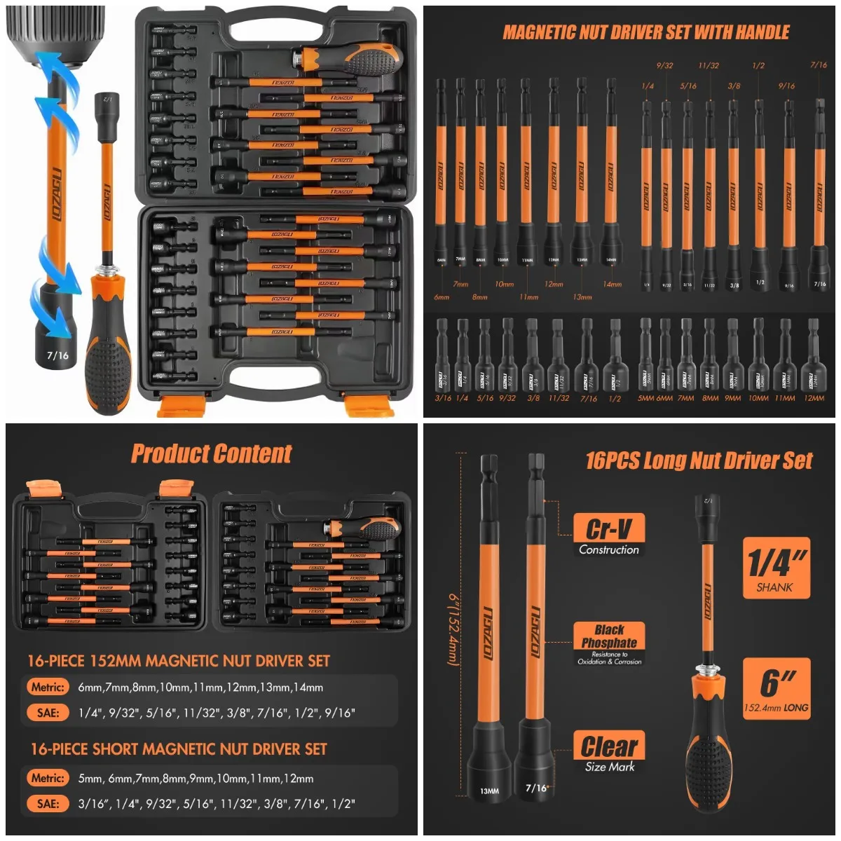 

33PCS Magnetic Nut Driver Set, 6' Long Handle, SAE/Metric, 1/4' Hex, Cr-V Steel