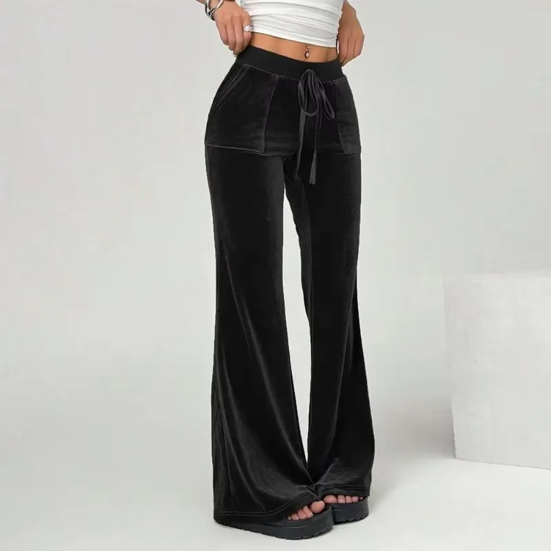 Women's Simple Temperament Velvet Casual Pants Autumn and Winter Drawstring Show Legs Slim Commuting Wide Leg Pants