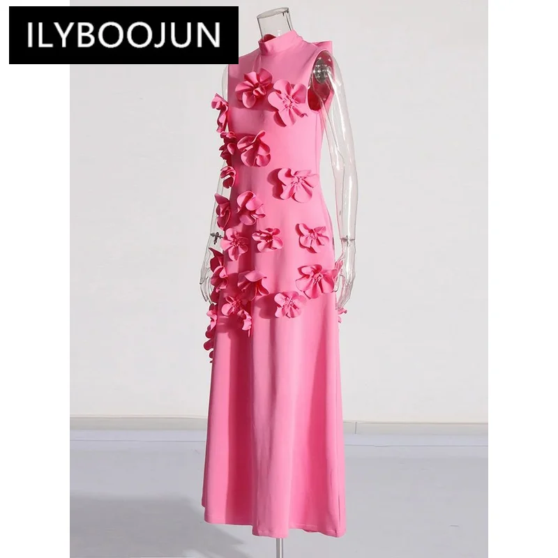 ILYBOOJUN Spliced Appliques Elegant Dresses For Women Stand Collar Sleeveless High Waist Patchwork Zipper Long Dress Female