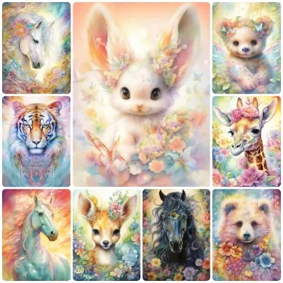 quebra-cabeca-de-animais-selvagens-com-tema-floral-arco-Iris-pastel-decoracao-de-parede-para-quarto-infantil-com-gradiente-suave-e-sonhador-jogo-educativo