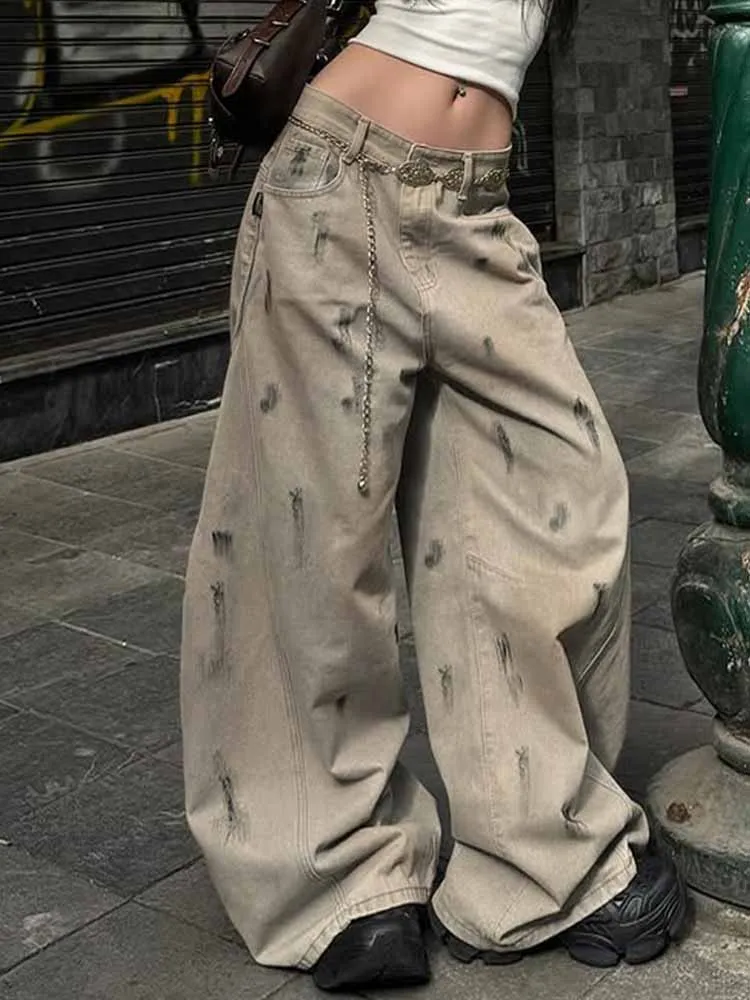 

MCDV American Retro Baggy Jeans Women Printd Graphic Low-Waist Wide Leg Denim Pants Boyfriend Style Hip Hop Streetwear 2000s