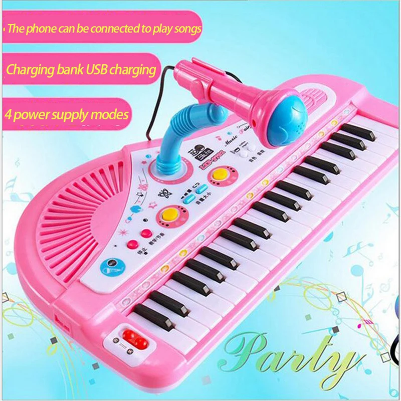 Children's electronic piano music toy emulates mini multi-function 37-key piano instrument with microphone