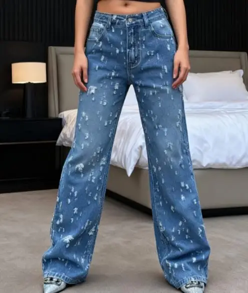 

Autumn New Fashion Brushed and Perforated Design Trend Straight Leg Pants for Women's Casual High Street Style Versatile Jeans