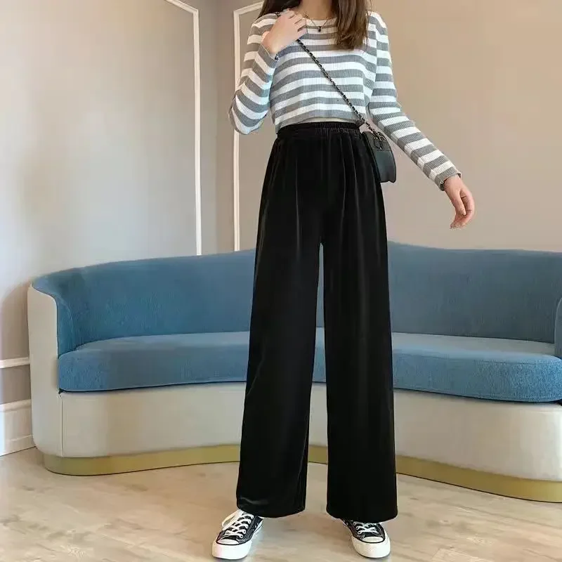 Autumn Winter Korean Velvet Wide Leg Pants Women High Waist Slim Fit Trousers Fashion Casual Vintage Pants Y2k Clothes