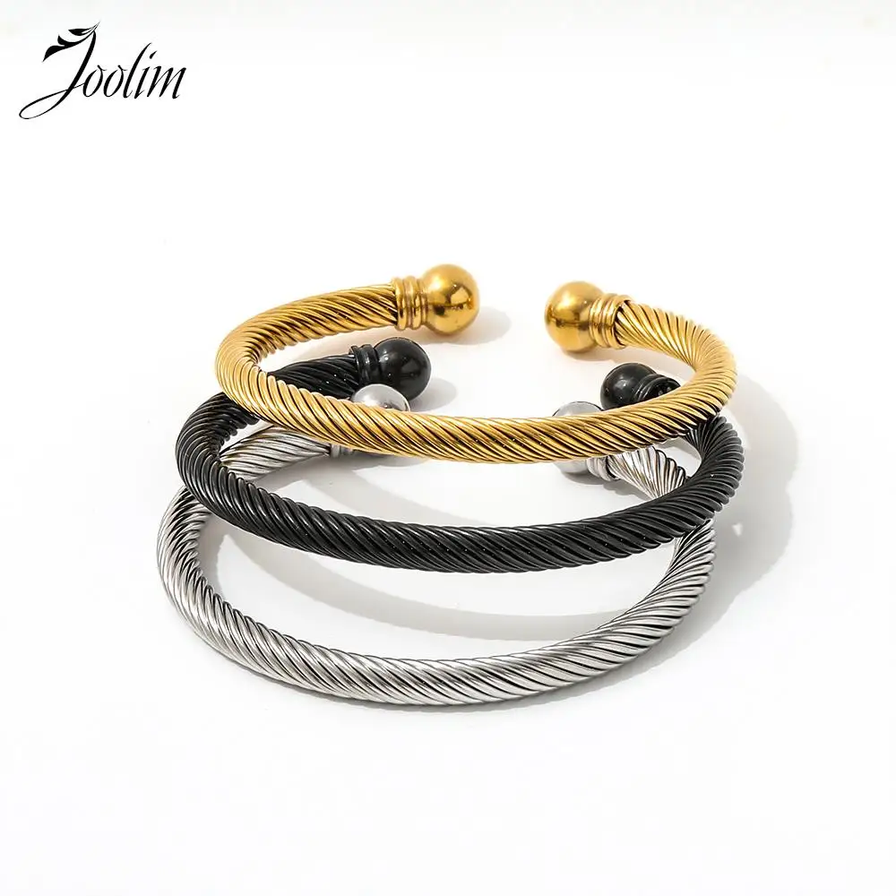 

Joolim Jewelry Wholesale High End PVD Tarnish Free Trendy Delicate Charm Chunky Wire Opening Stainless Steel Bracelet for Men