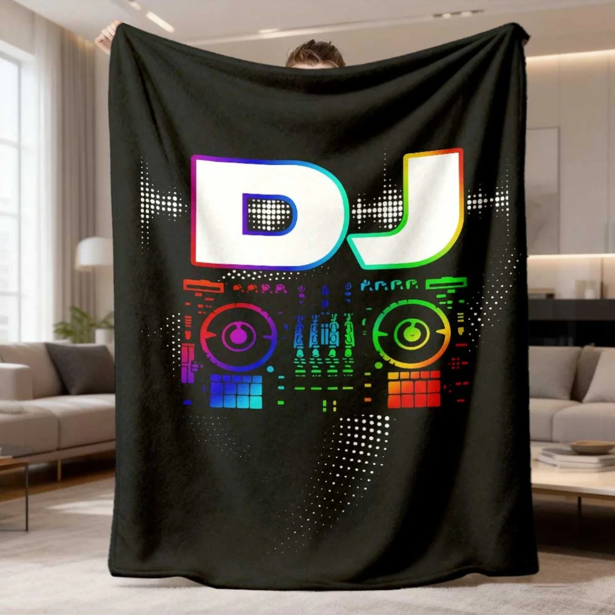 Trendy DJ Letter Audio Turntable Electronic Music Art Pattern Flannel Blanket Indoor Outdoor Soft Timeless Warm Home Holiday