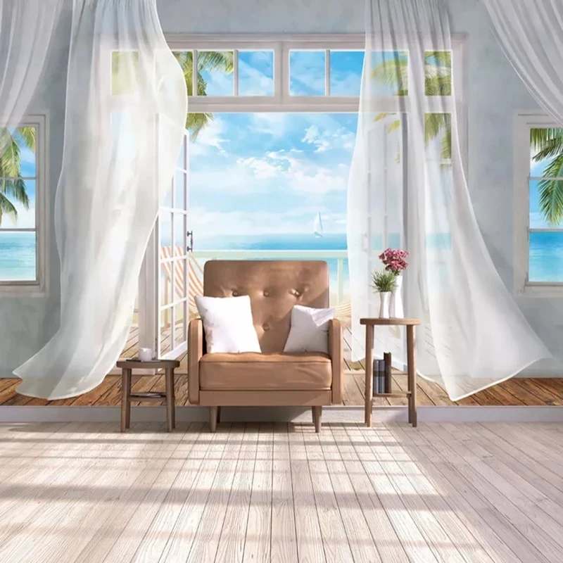 Customized Wallpaper 3D Seaside Landscape Curtain Balcony Mural Modern Fashion Living room TV background wall bedroom restaurant