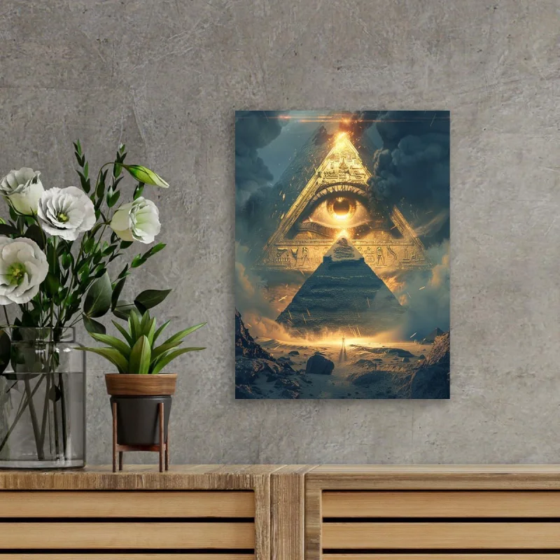 Epic All-Seeing Eye in Pyramid Canvas Art - Fantasy Digital Style, Wooden Framed Wall Decor for Living Room, 11.8x15.7 inches