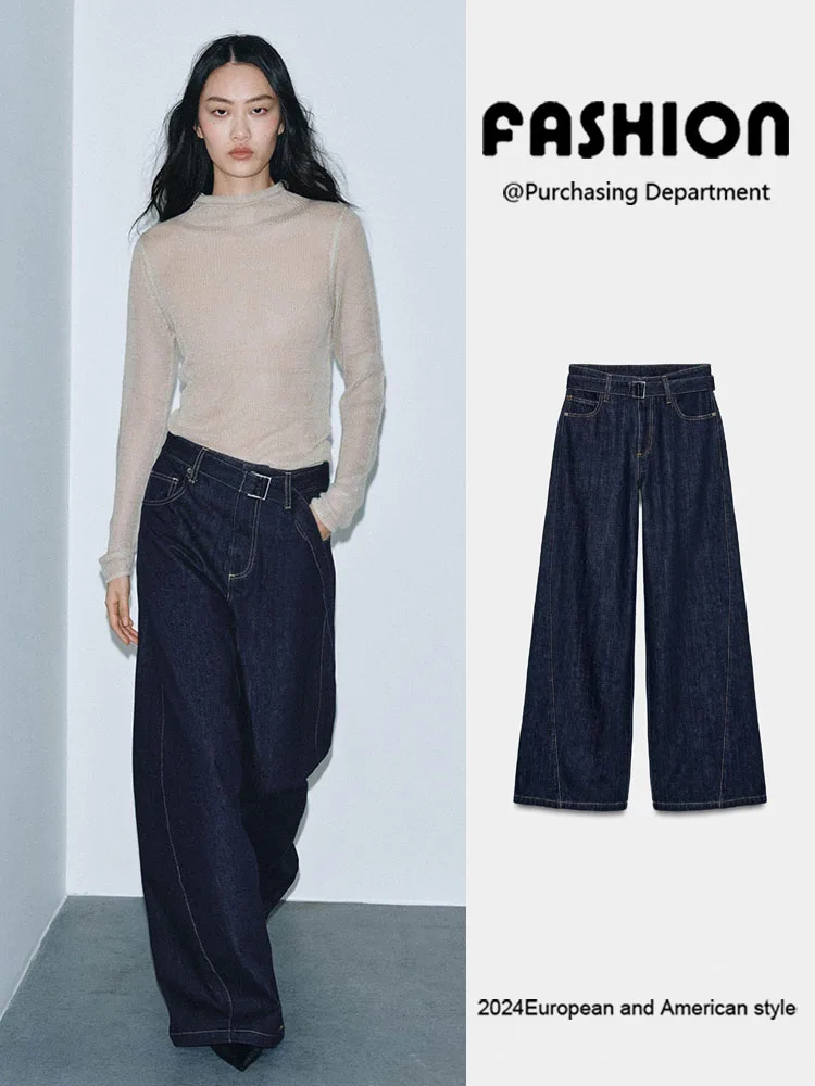 

Spring New Faion High Waist Wide Leg Belted Slimming Jeans Women's Sli Versatile Long Pants Chinese Sle Trousers