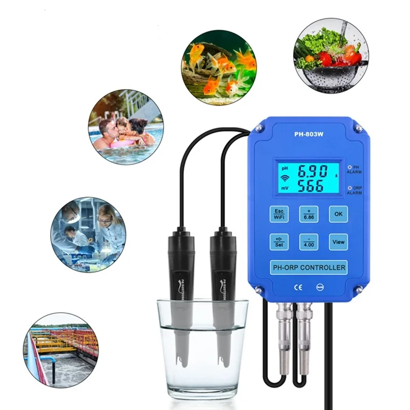 WiFi PH ORP Controller Digital Display Water Acid-base Redox Quality Monitor for Hydroponics Pool Aquarium BNC Electrode Backlit