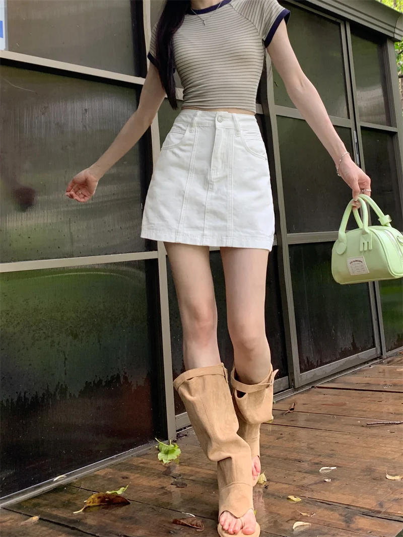 Women Korean Spring Summer High Waist A Line Denim Mini Skirt Vintage Stitch Slim Anti Chafing Bodycon Midi Skirt