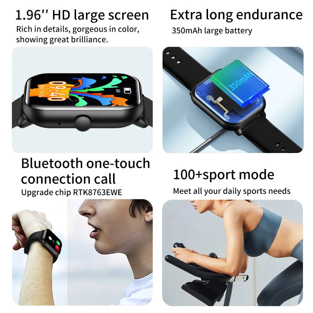 1.96 inch BT Call Smart Watches Men Information Reminder 350mAh Smartwatch Women 100+ Sport Mode Bracelet Blood Pressure Monitor