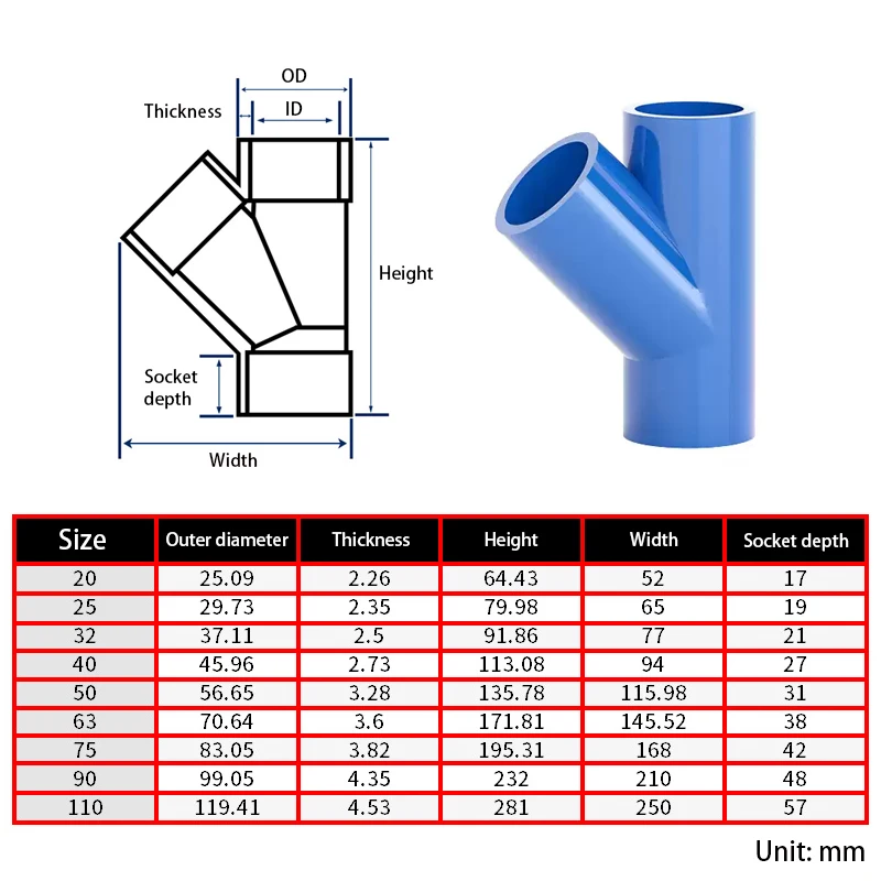 1PC I.D 20/25/32/40/50/63/75/90/110/160mm PVC 45 Degree Tee joint Water Supply Pipe Garden Irrigation Fish Tank Watering Fitting