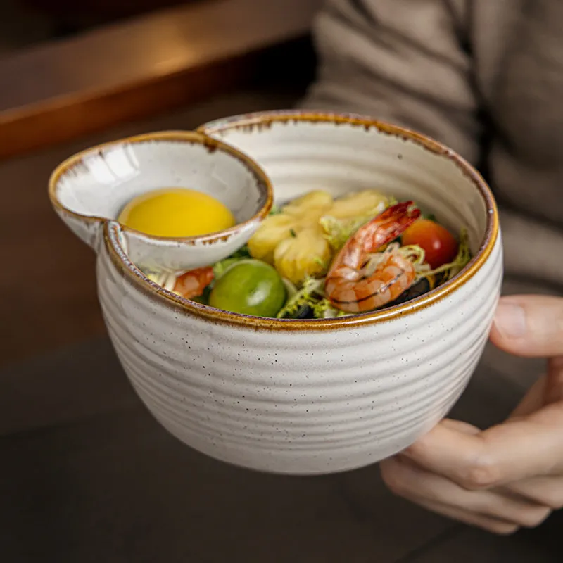 Tazón de cerámica japonés para ensalada con taza para salsa, tazón creativo para servir ramen, arroz, frutas, vajilla con esmalte reactivo