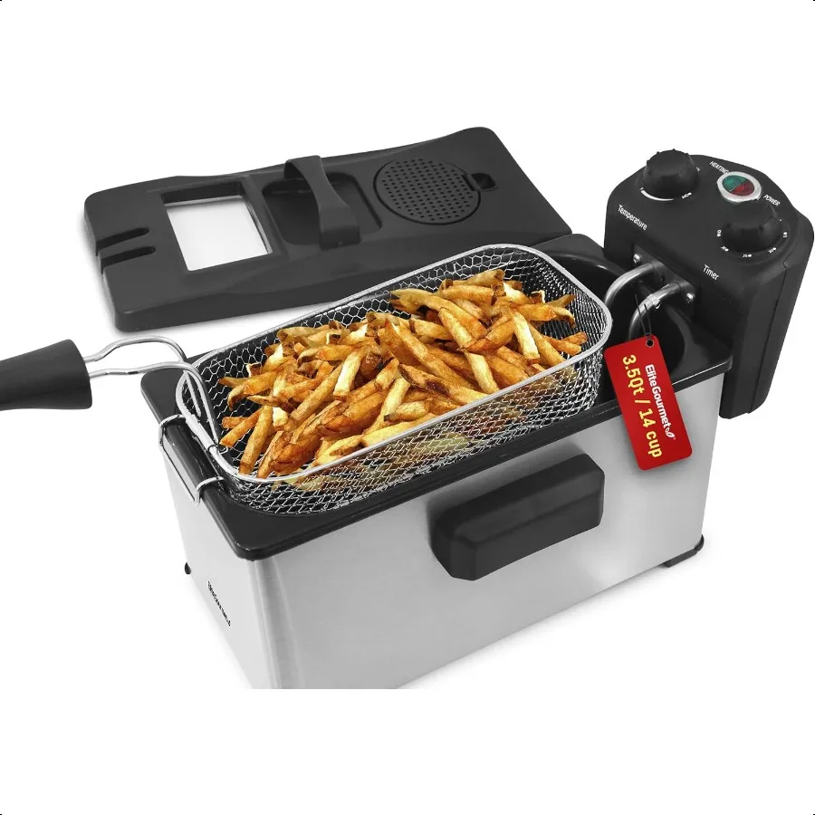 

EDF3500 Electric Immersion Deep Fryer. Removable Basket Timer Control Adjustable Temperature Lid with Viewing Window and Odor F