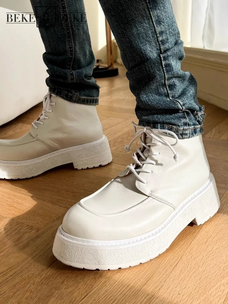 

New Mens Thick Bottom Genuine Leather Boots Lace Up Solid Color Spring Autumn Cargo High Top Shoes Platform Chelsea Short Boots