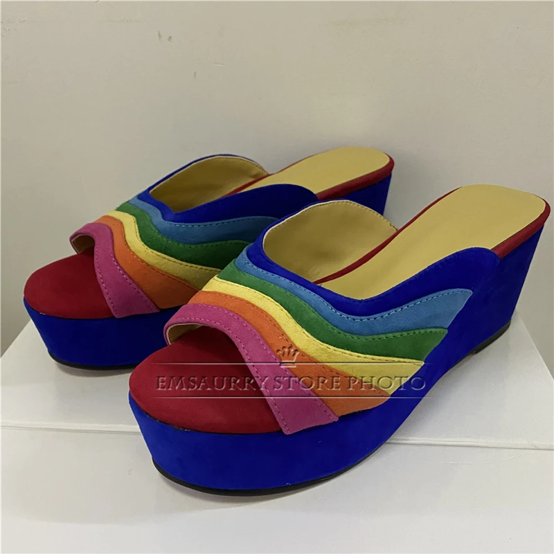 Luxury Suede Rainbow Patchwork Sandals Women High Platform Wesges Slingbacks Outwear Mules For Girls Summer