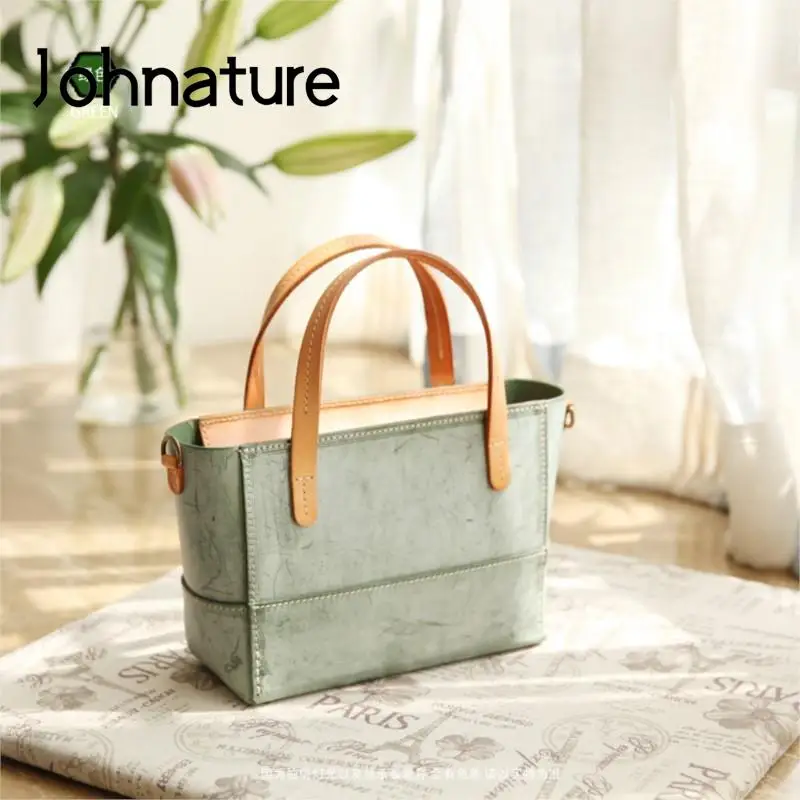 Johnature semplice borsa in pelle cerata di nebbia naturale 2024 nuova borsa fatta a mano da donna borse a tracolla in tinta unita vintage in vera