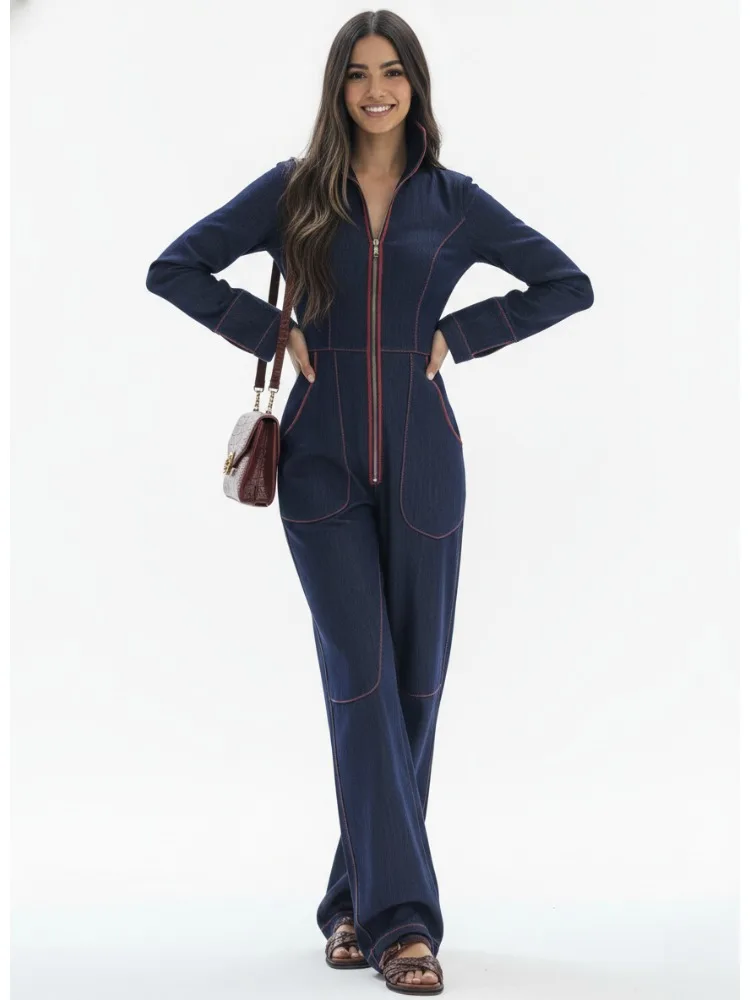 Bonboho Women's Dark Blue Denim Contrast Stitching Zipper Stand Collar Slim Fit Wide Leg Jumpsuit Streetwear One-piece Suit