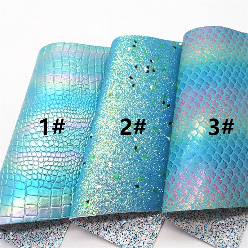 Double Sides Leather Blue White Glitter Leather Matching with Crocodile Fish Scales Faux Leather for DIY Craft 8.2