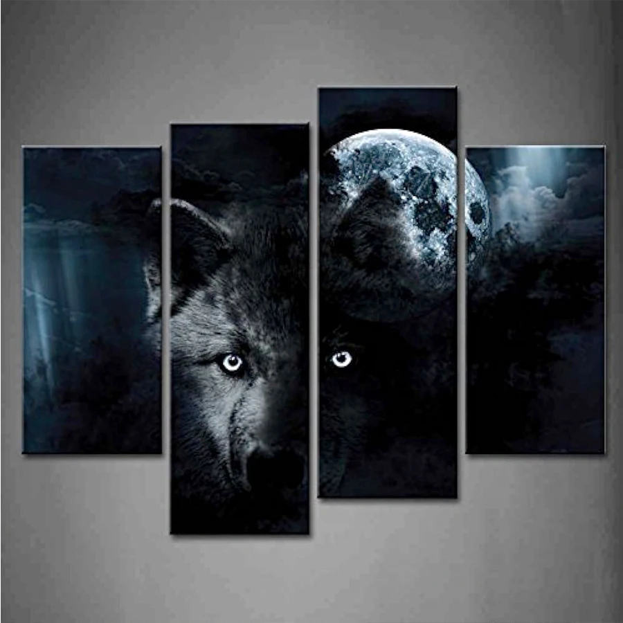 

4-panel wall art Black Wolf and Full Moon diamond embroidery cross stitch diamond painting full rhinestones animal 5D DIY mosaic