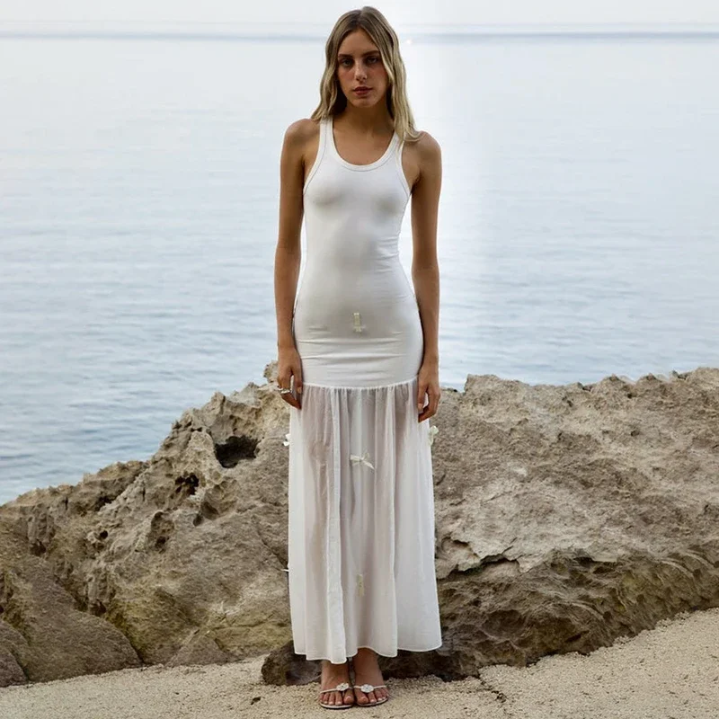 Vestido largo informal de verano con tirantes anchos, traje de dos prendas con lazo de cintura alta, malla de retazos, elegante, 2024