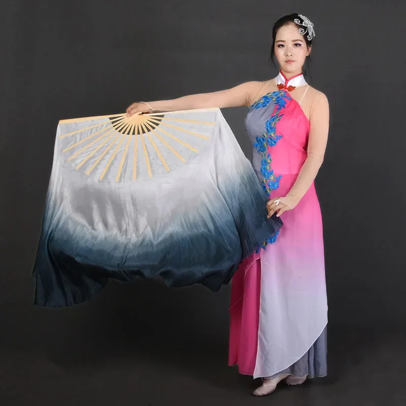 Ink-Blue Double-Side long 100% real Silk Fans Veils Chinese Classical Yangko short Fans Performance Show Props Big Size