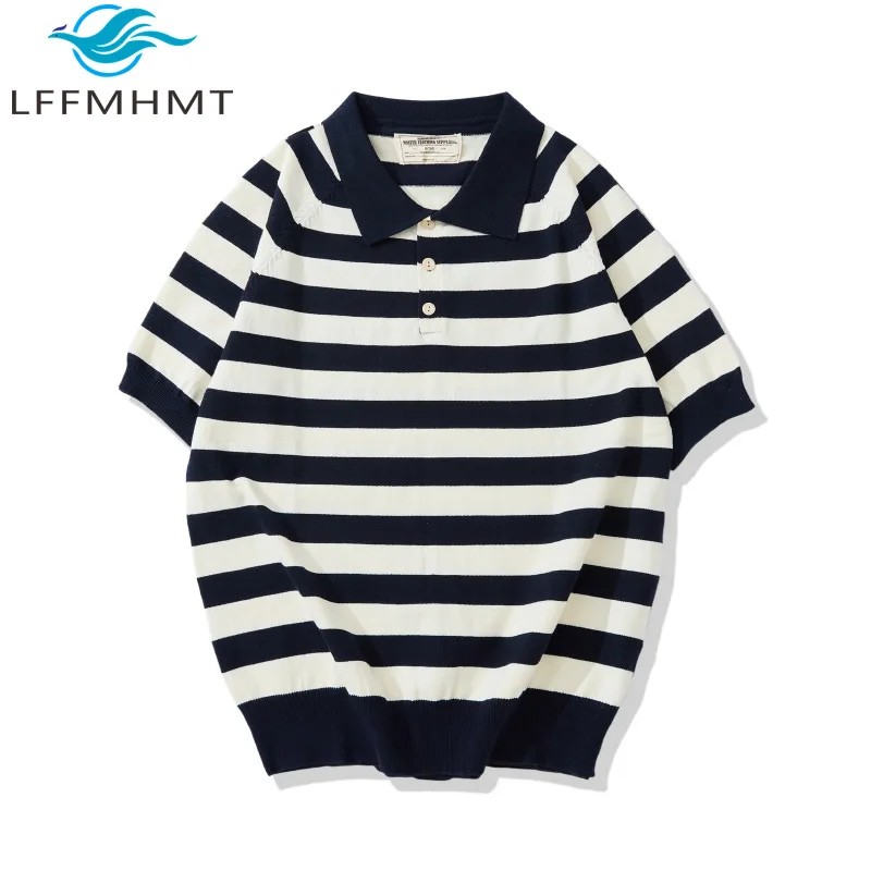 New Arrival America Style Polo Shirt Thick Heavyweight Knit Striped T-Shirt for Men Retro Basical Casual Daily Wear