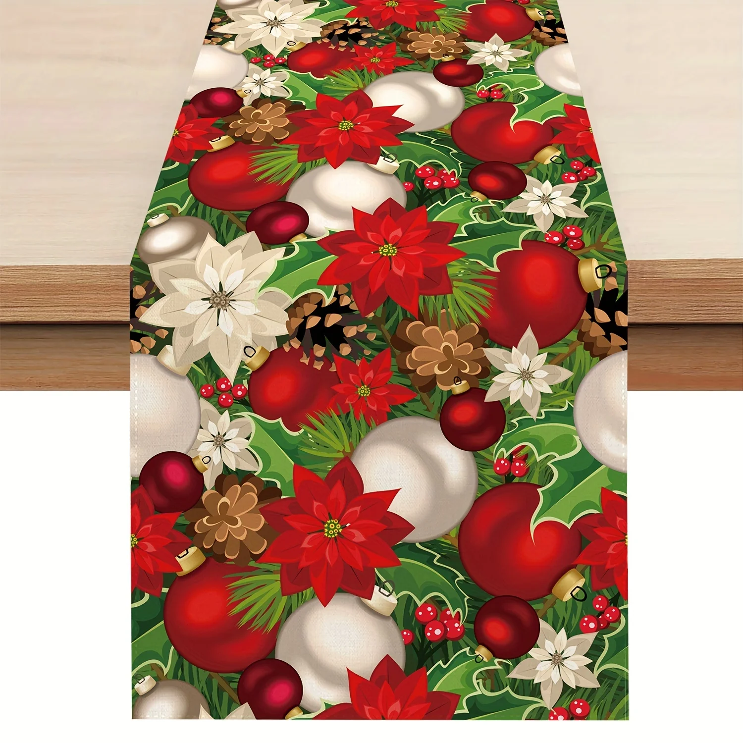 Christmas Poinsettia Pine Cones Balls Table Runner for Table Decor Winter Holly Berry Dining Table Runners Christmas Decorations