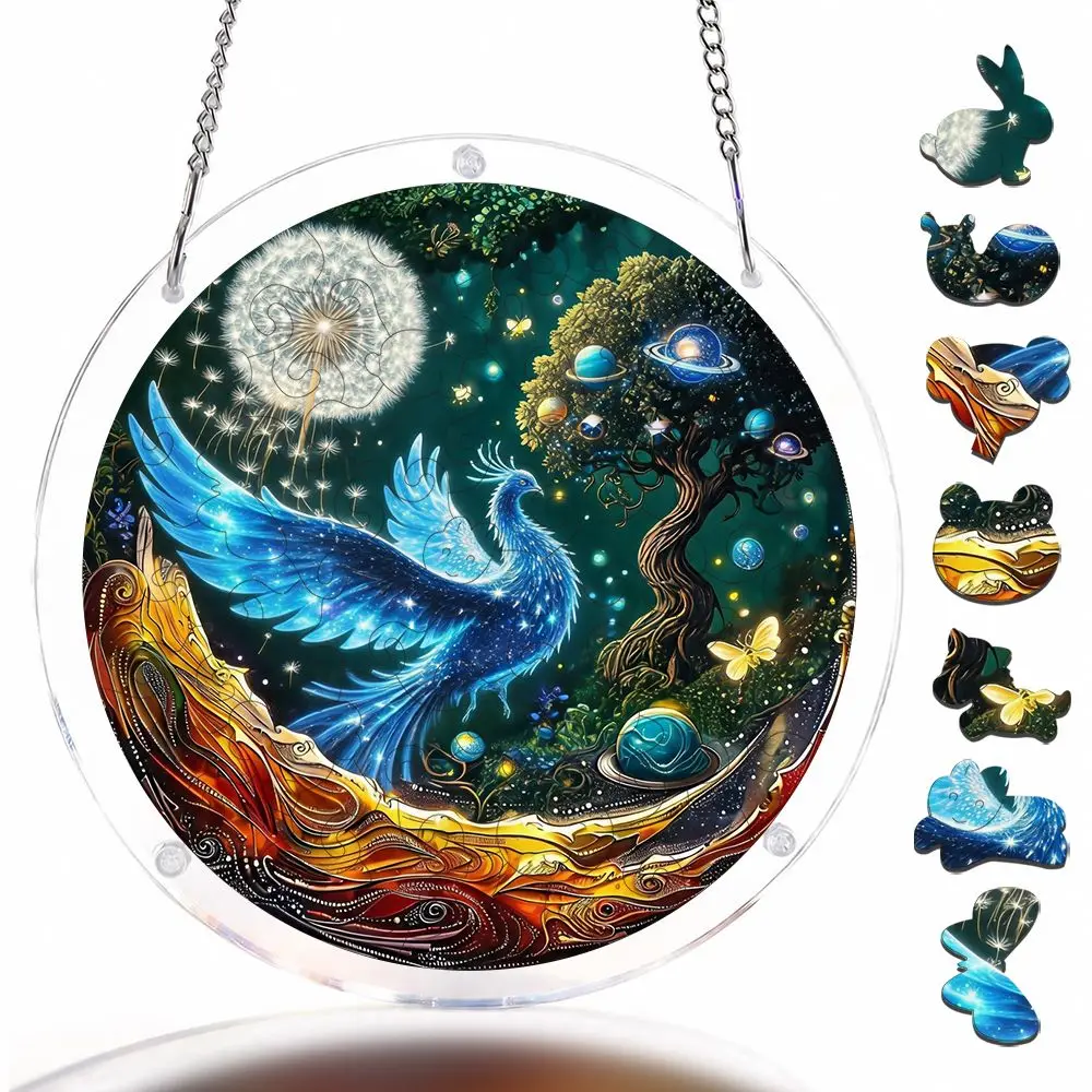 Blue Phoenix And Dandelion Tree Acrylic Puzzle Suncatcher, 57 Pieces Acrylic Jigsaw Puzzle Ornaments For Home Decoration