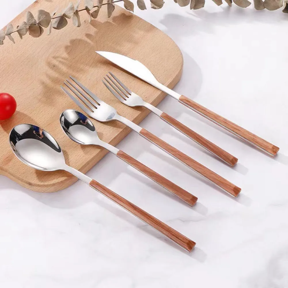 Creative Stainless Steel Spoon Fork Knife Portable Wood Grain Cutlery Set Western Tableware Thickened Fruit Fork