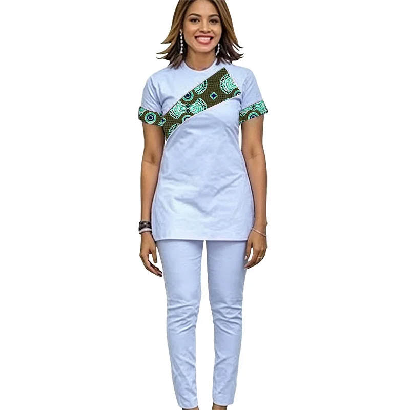 

African Couture Women's White Set Vantage Collarless Top+Elastic Waist Pant Female Ankara Outfits Party Wear Customized