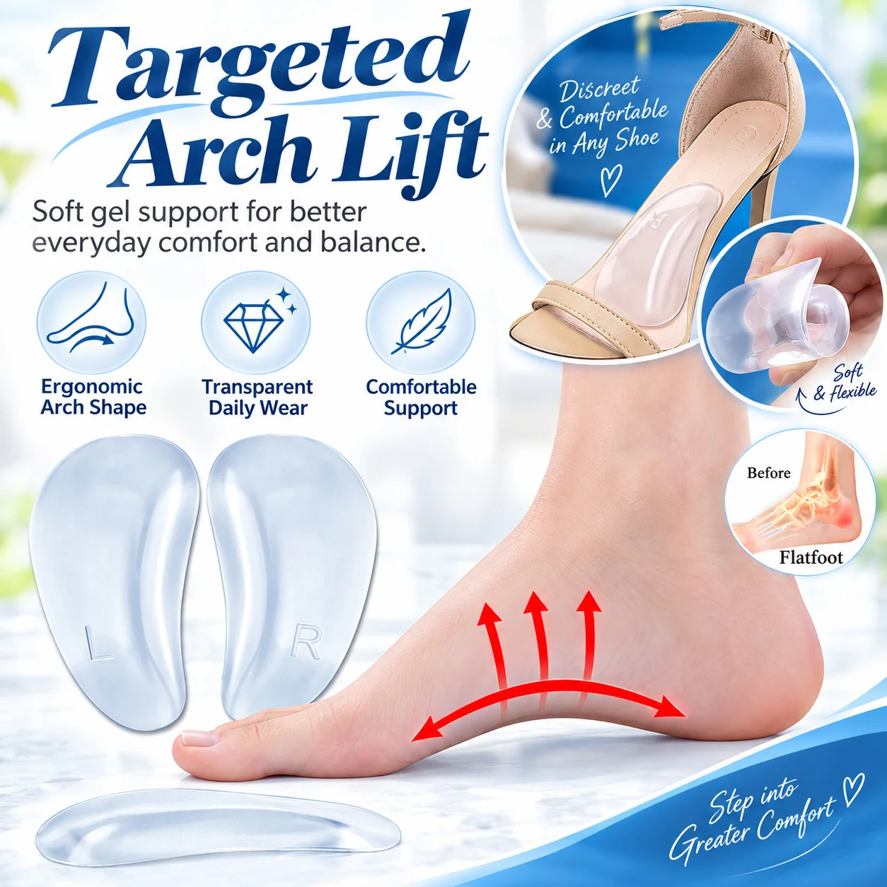 Blisters Prevention Gel Arch Support Cushions Comfortable Adhesive Insoles Women Wear Resistant Pain Relief Anti Slip CORRECTiON