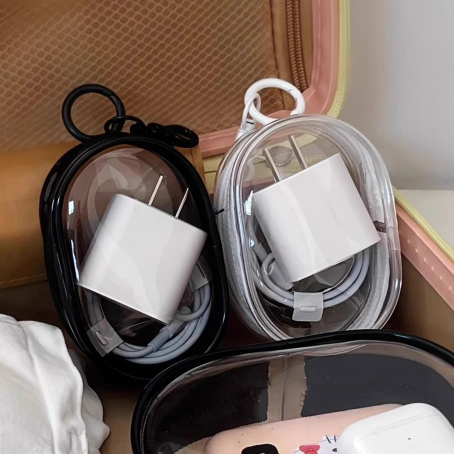 Round PVC Transparent Storage Box Data Cable Charger Earphone Storage Bag Portable Makeup Bag Jewelry And Cosmetics Organizer