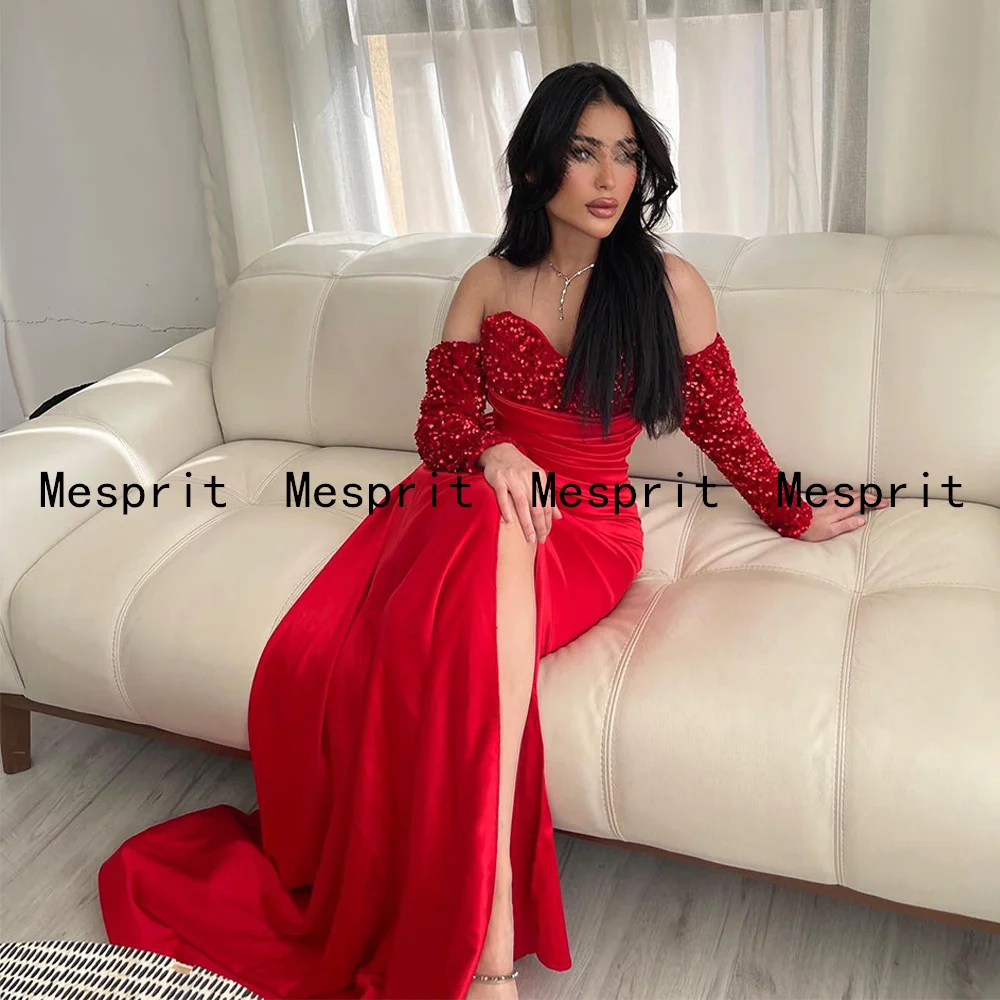 Robe de Soirée Rouge en Satin à Paillettes, Tenue de Bal de Forme Sirène, Manches sulf, Fente Latérale, pour Occasions Formelles