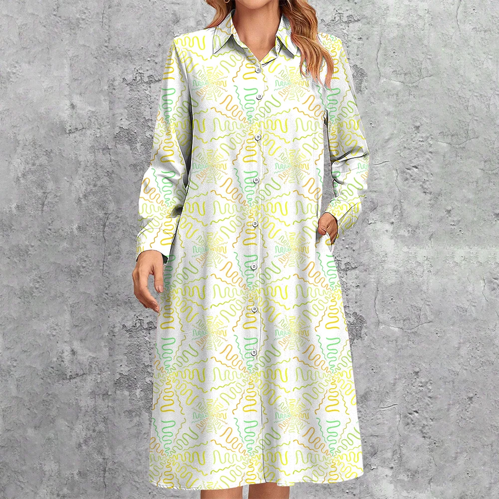 Elegant White And Blue Floral Printed Shirt Dress Bohemian Women Long Sleeve Lapel A-Line Dress Single Breasted Pocket Dresses