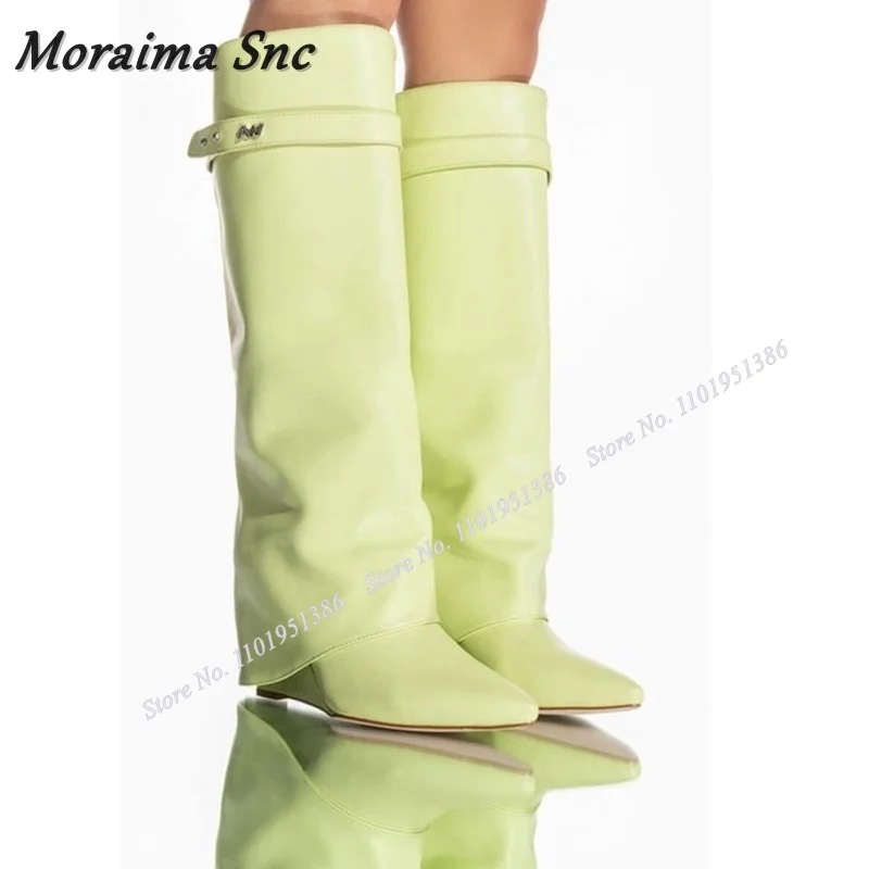 

Moraima Snc Green Wedges High Heels Shark Boots Shoes for Women Solid Knee High Botas Sexy Orange Fashion Runway Shoes on Heels